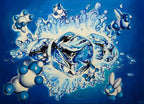 Artistic depiction of ice cubes and water droplets on a blue background