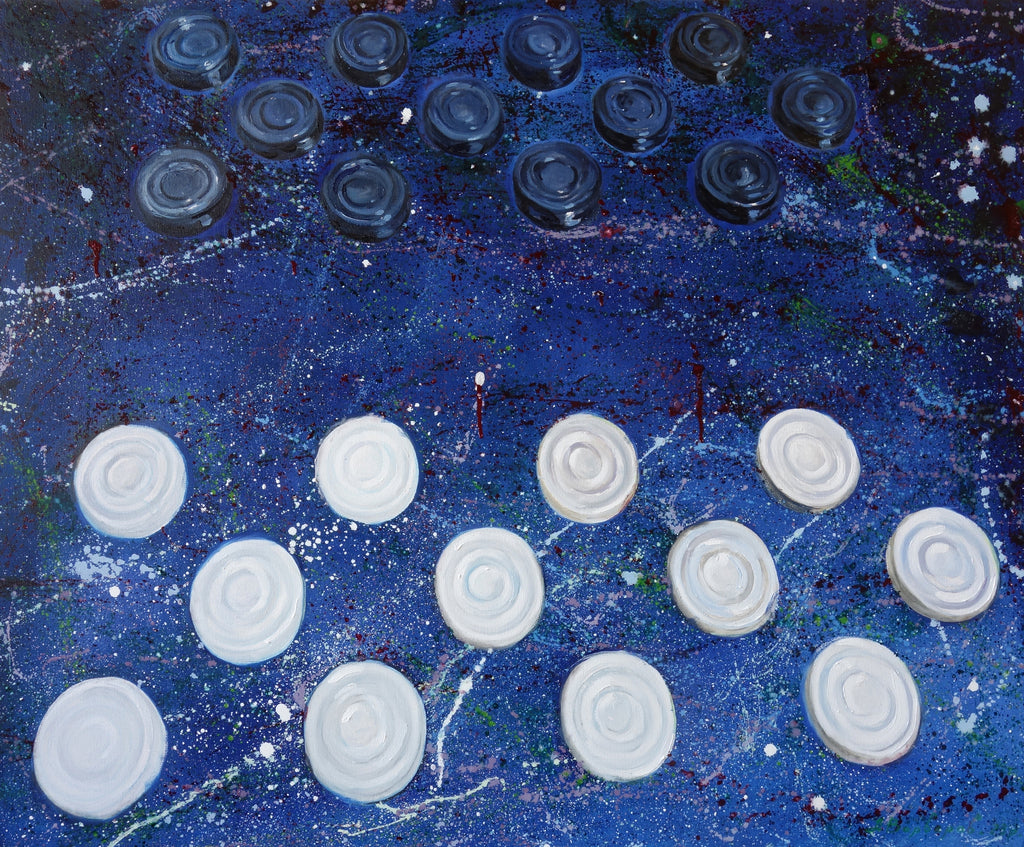 White circular patterns on a blue textured background