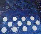 White circular patterns on a blue textured background