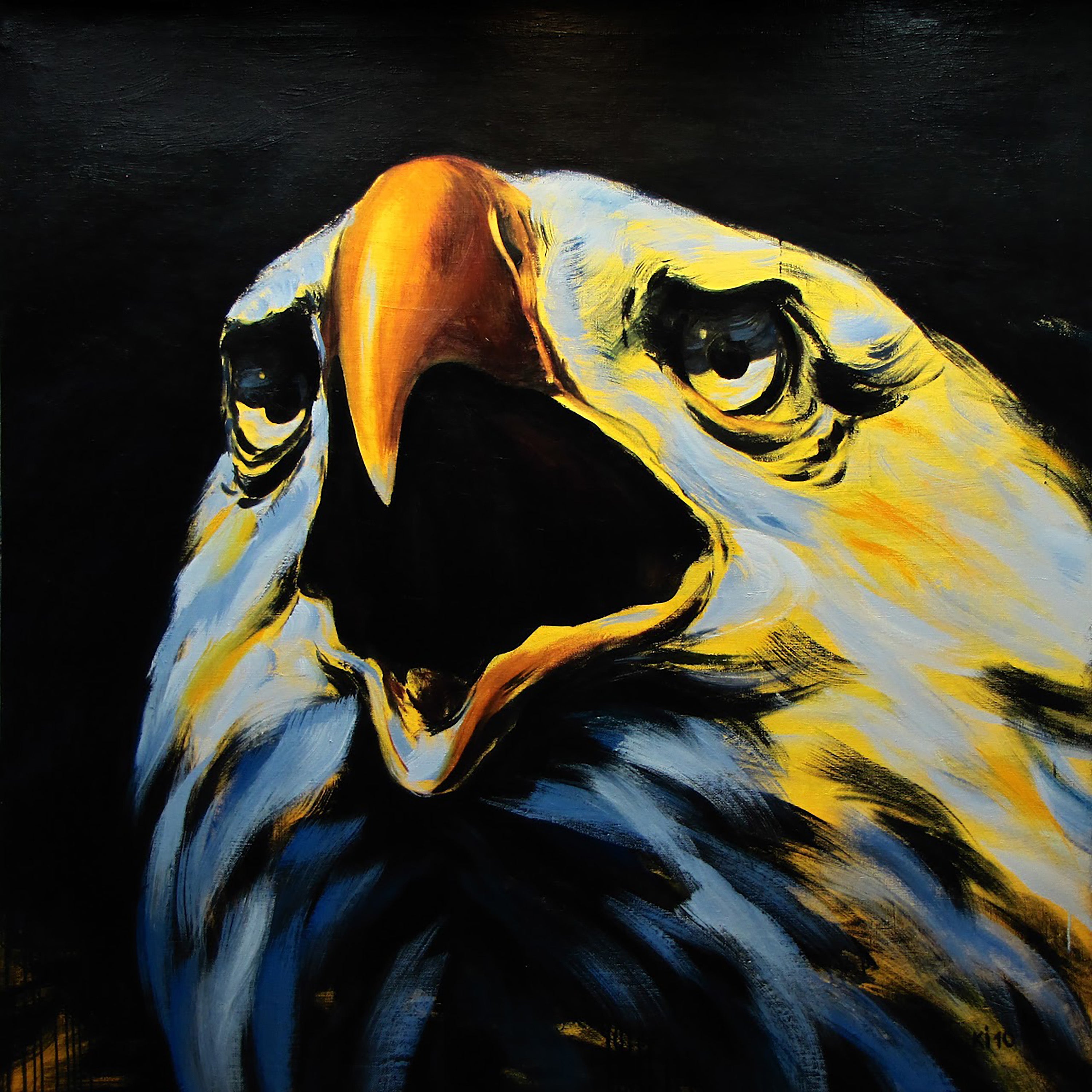 Artistic painting of an eagle's face on a black background