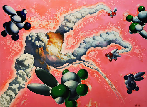 Abstract artwork with cloud-like forms and molecular structures on a pink background