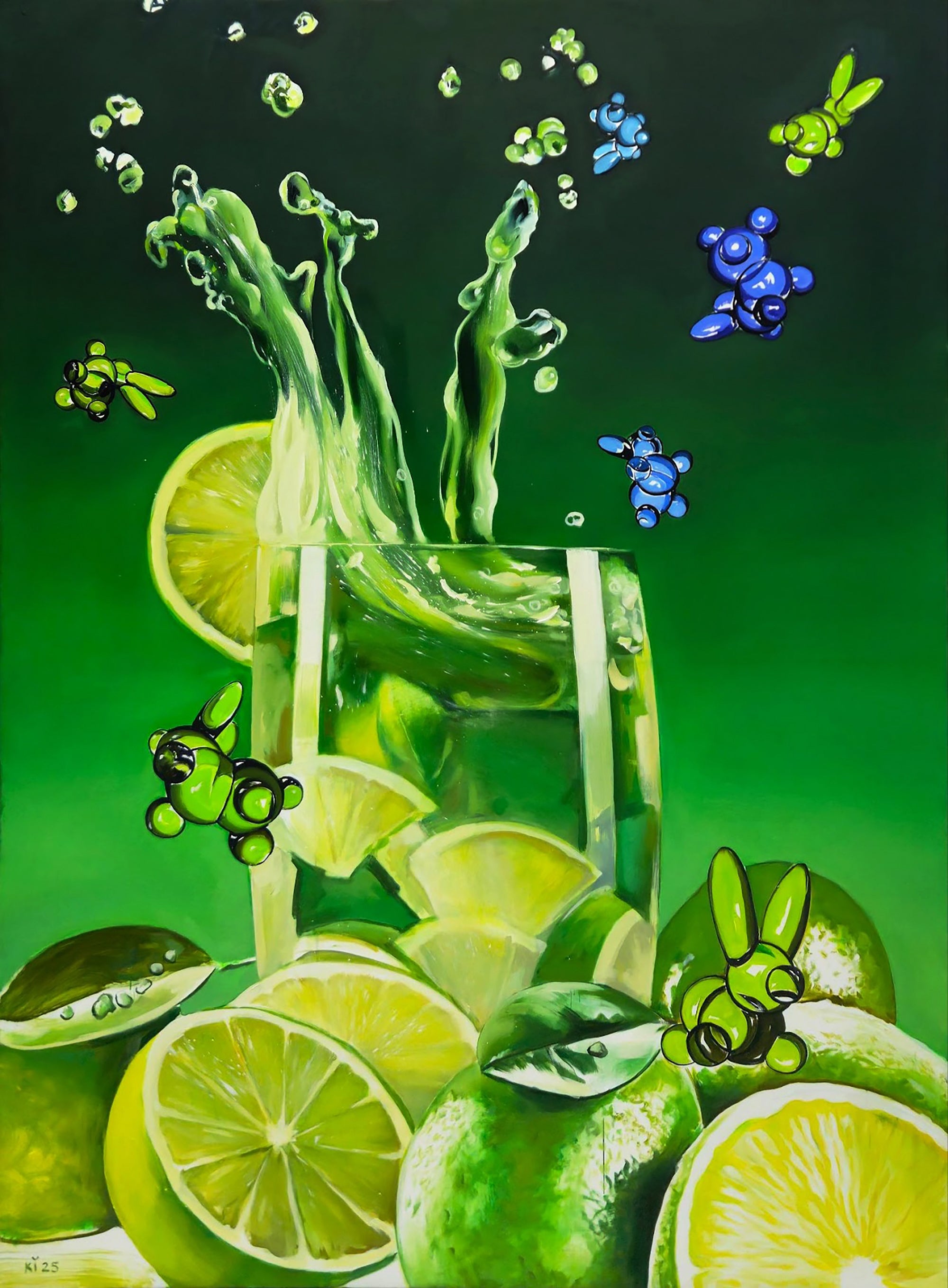 Artistic depiction of a glass with lime slices and green liquid against a green background