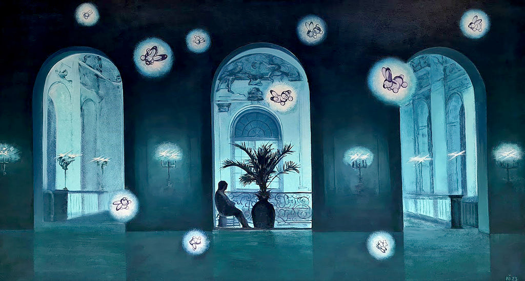 Mystical scene with a person sitting in an elegant room, surrounded by glowing orbs and butterflies.