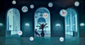 Mystical scene with a person sitting in an elegant room, surrounded by glowing orbs and butterflies.