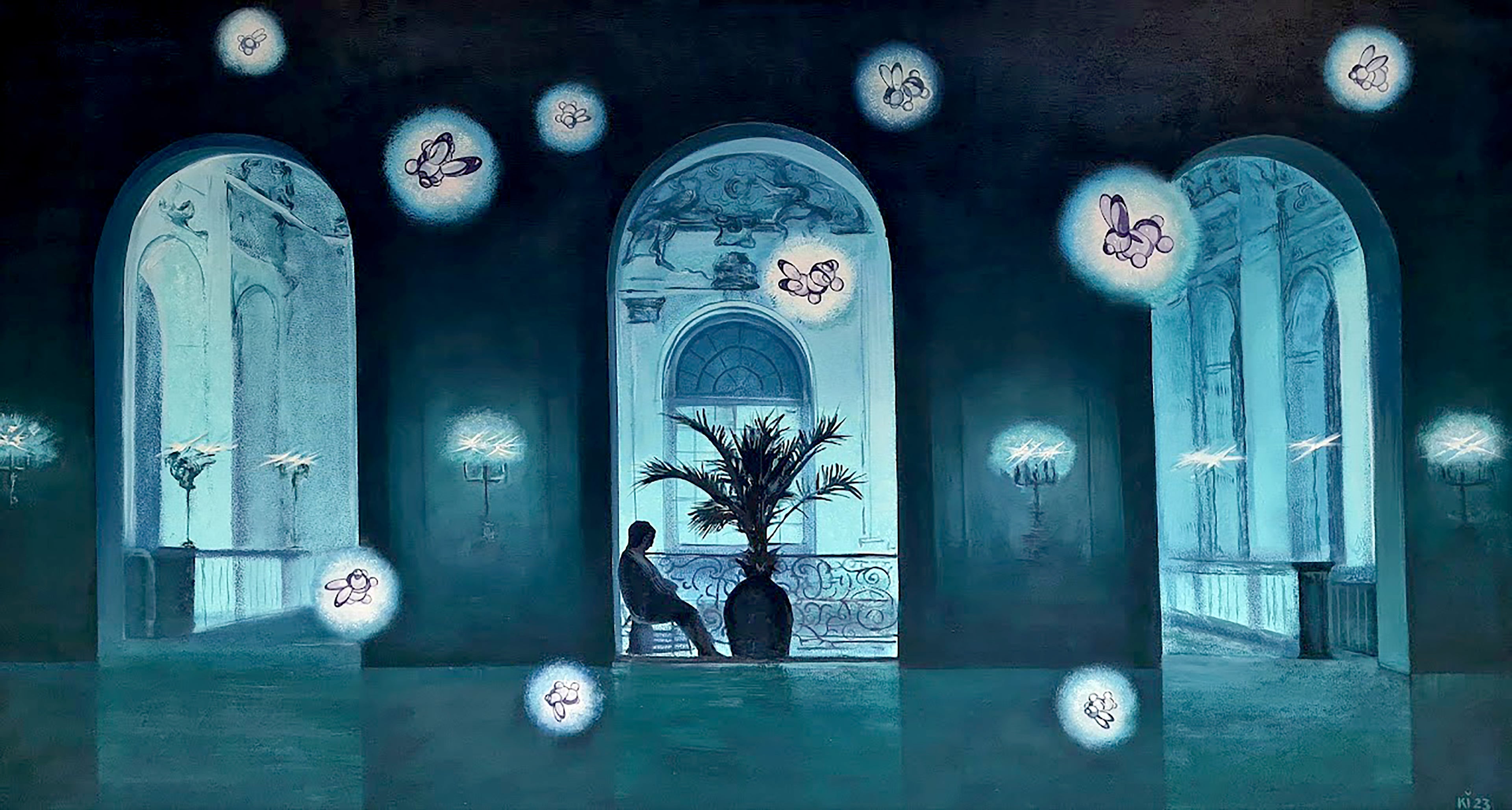 Mystical scene with a person sitting in an elegant room, surrounded by glowing orbs and butterflies.