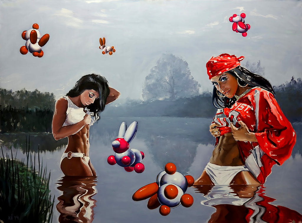 Two women by a lake with colorful abstract figures around them.
