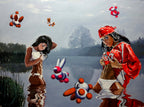 Two women by a lake with colorful abstract figures around them.