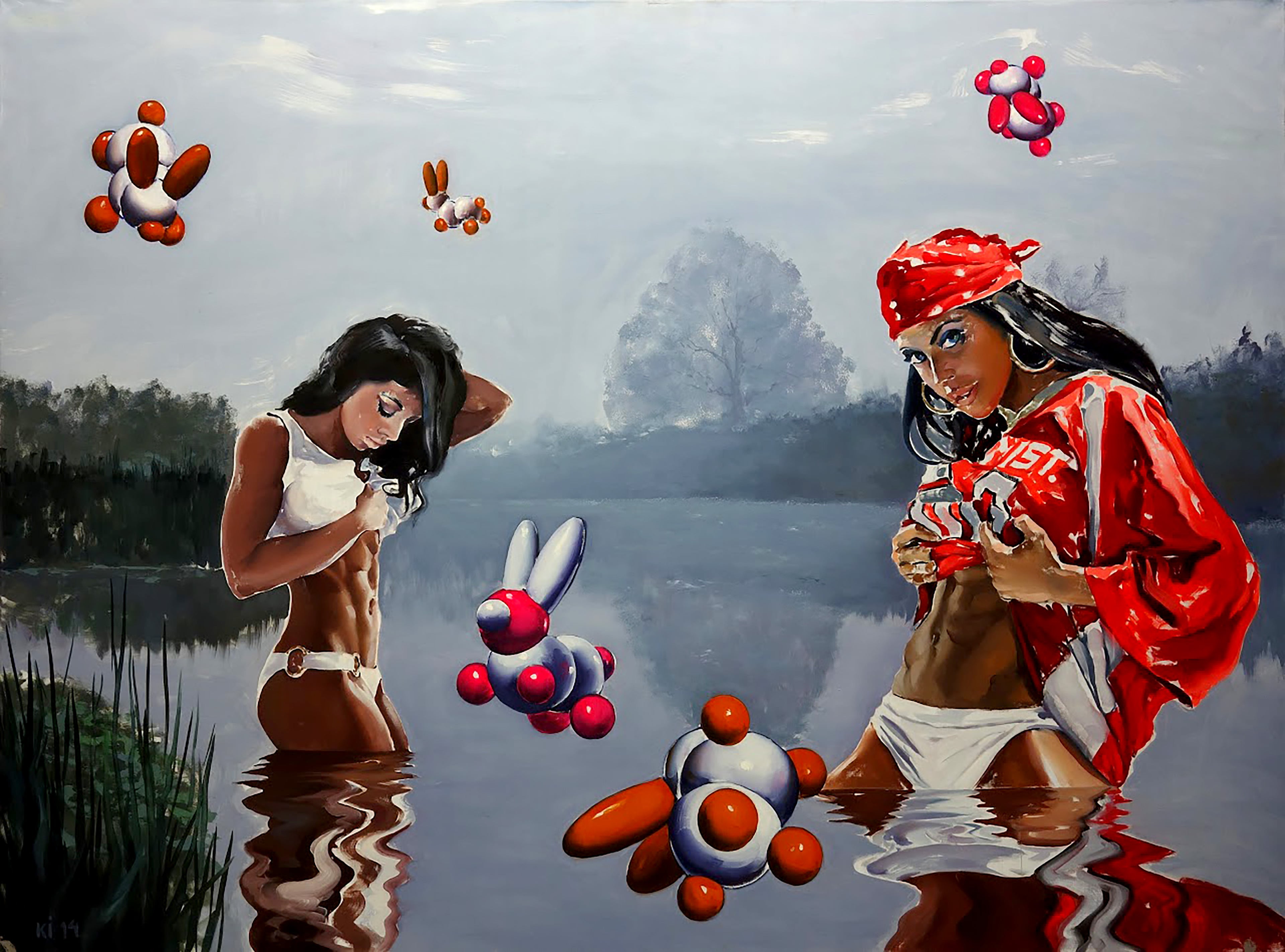 Two women by a lake with colorful abstract figures around them.