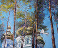 Painting of a church with golden domes surrounded by trees against a blue sky.