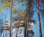 Painting of a church with golden domes surrounded by trees against a blue sky.
