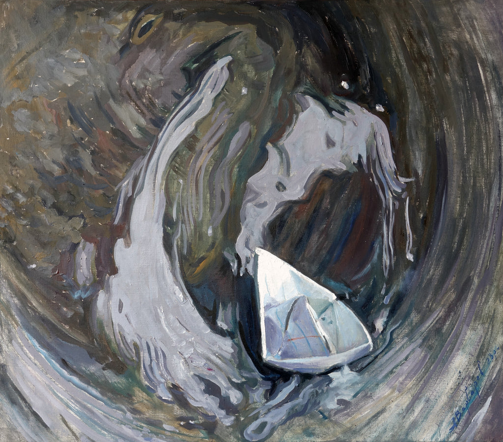 Painting of a sailboat in rough water with a dark background