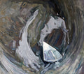 Painting of a sailboat in rough water with a dark background
