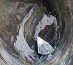 Painting of a sailboat in rough water with a dark background