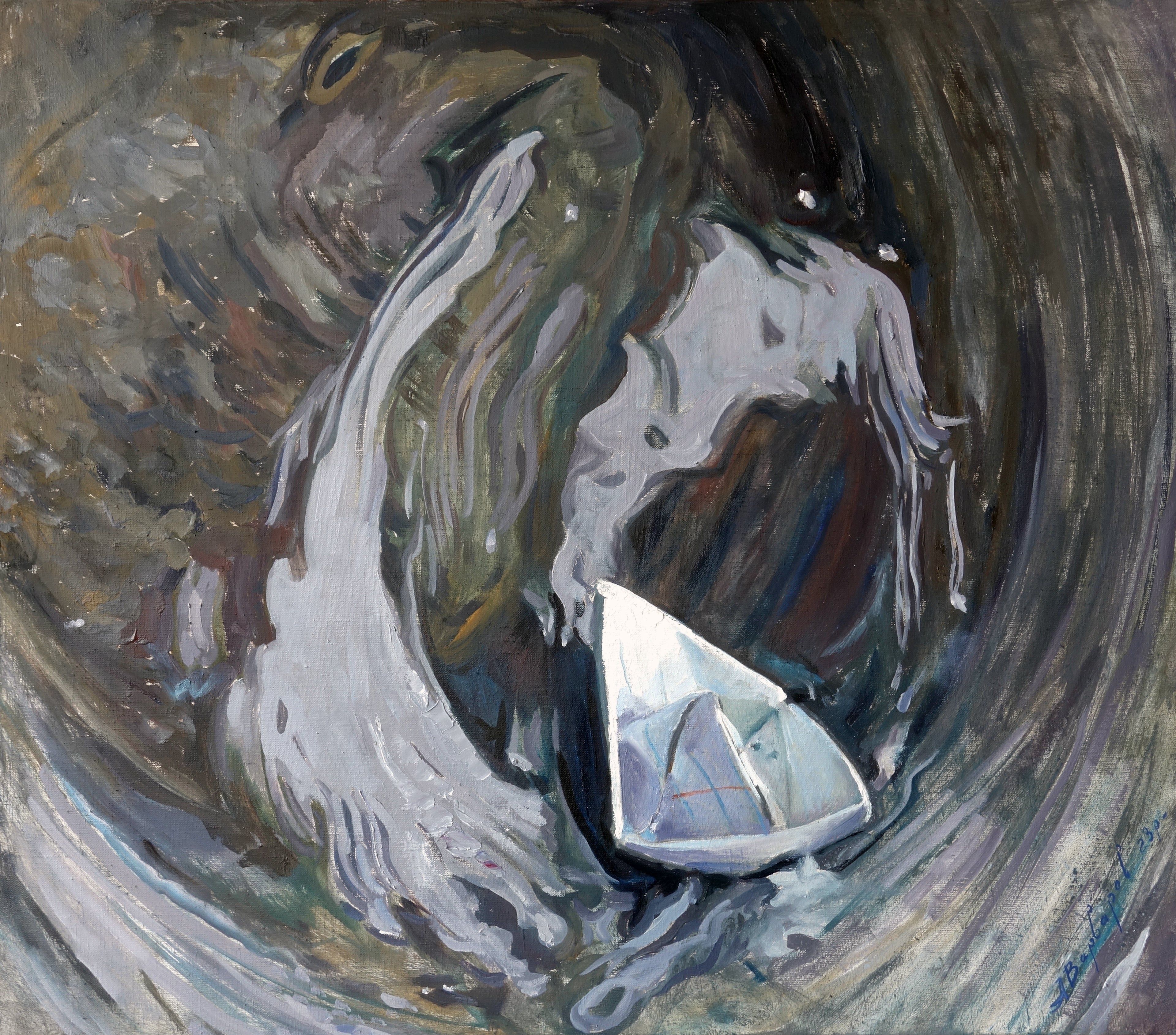 Painting of a sailboat in rough water with a dark background