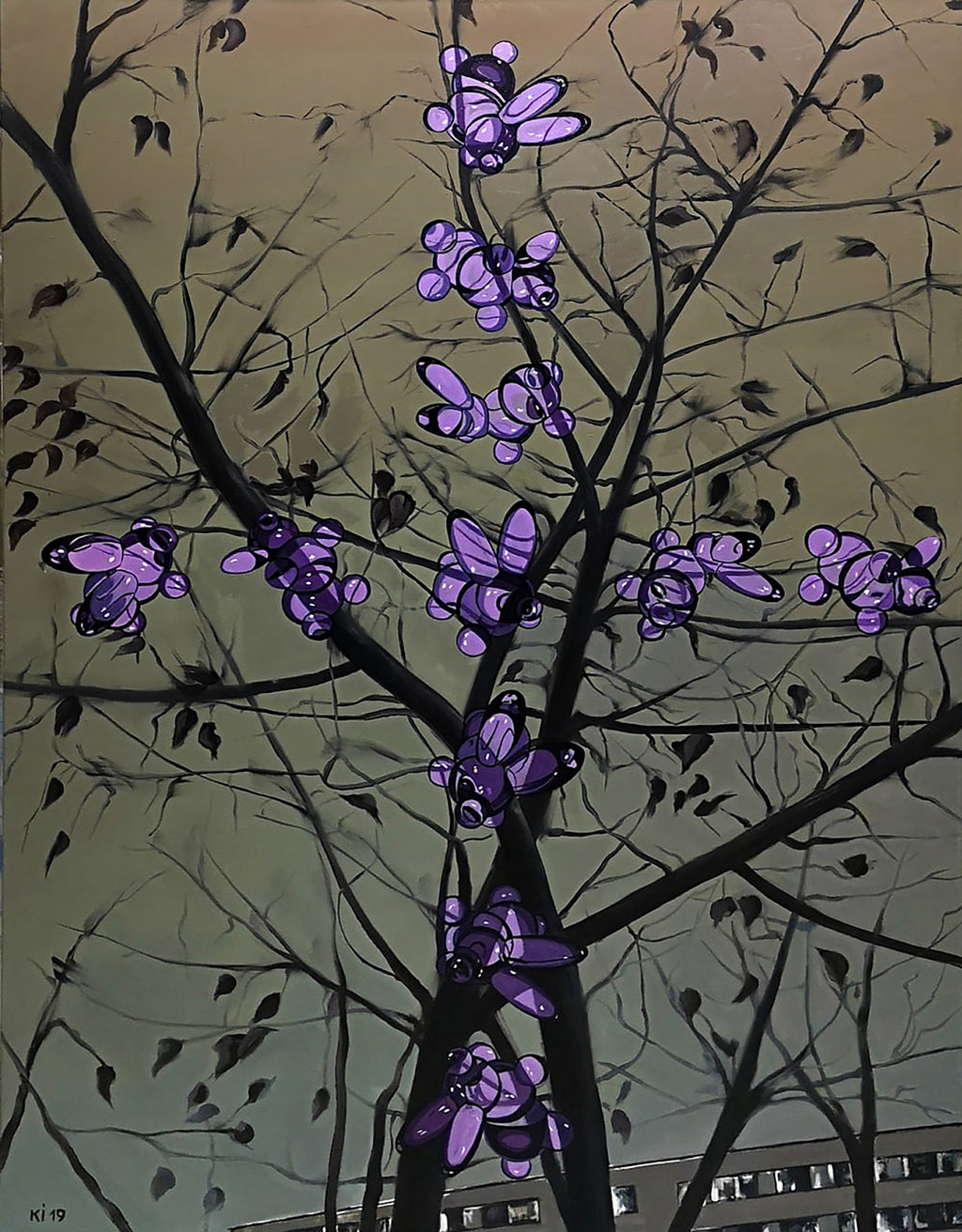 Artistic depiction of a tree with purple flowers on a beige background