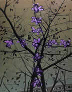 Artistic depiction of a tree with purple flowers on a beige background