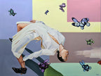 Woman in a white dress lying on a colorful floor with cartoonish butterflies around her.