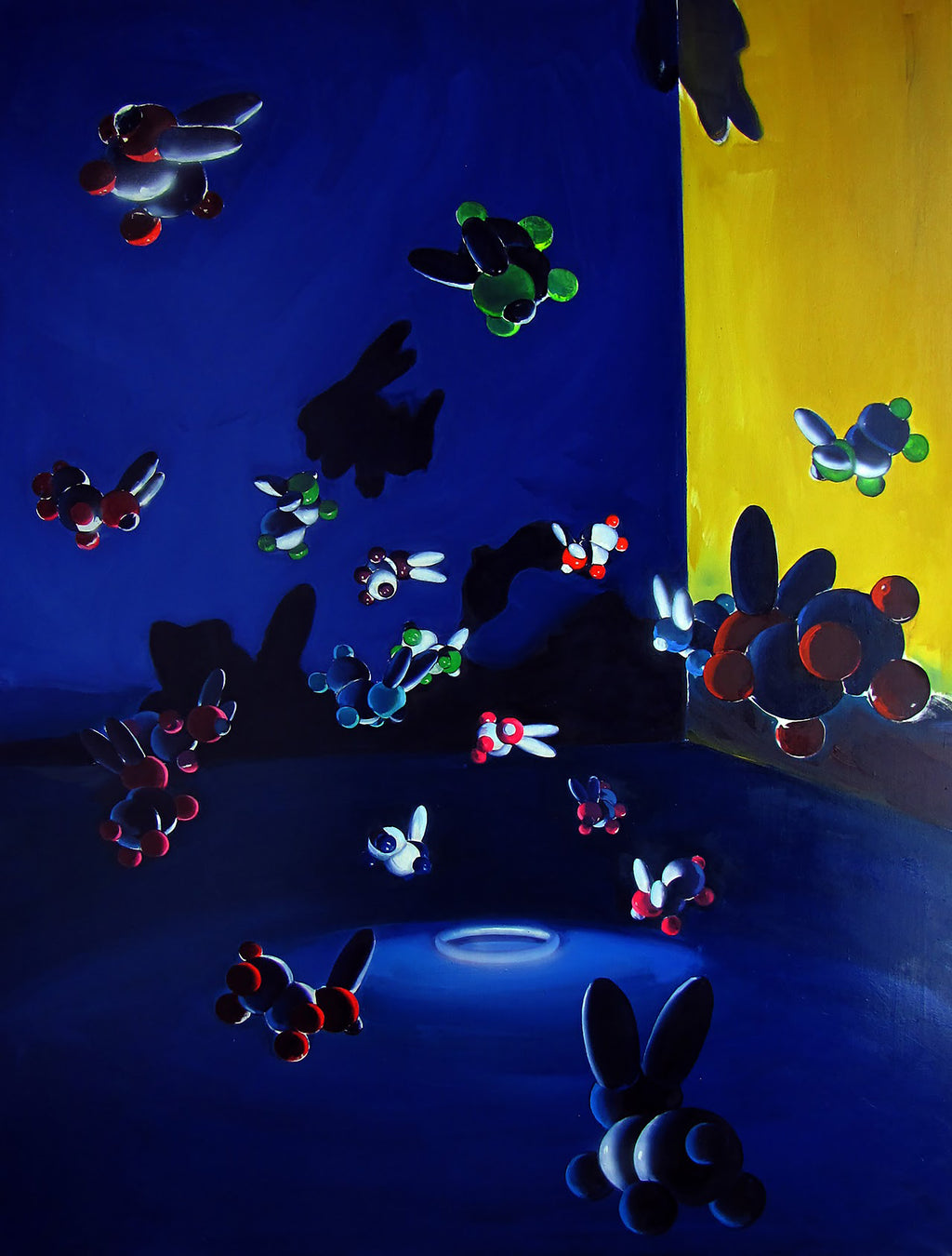 Colorful abstract painting with various shapes and patterns on a blue and yellow background