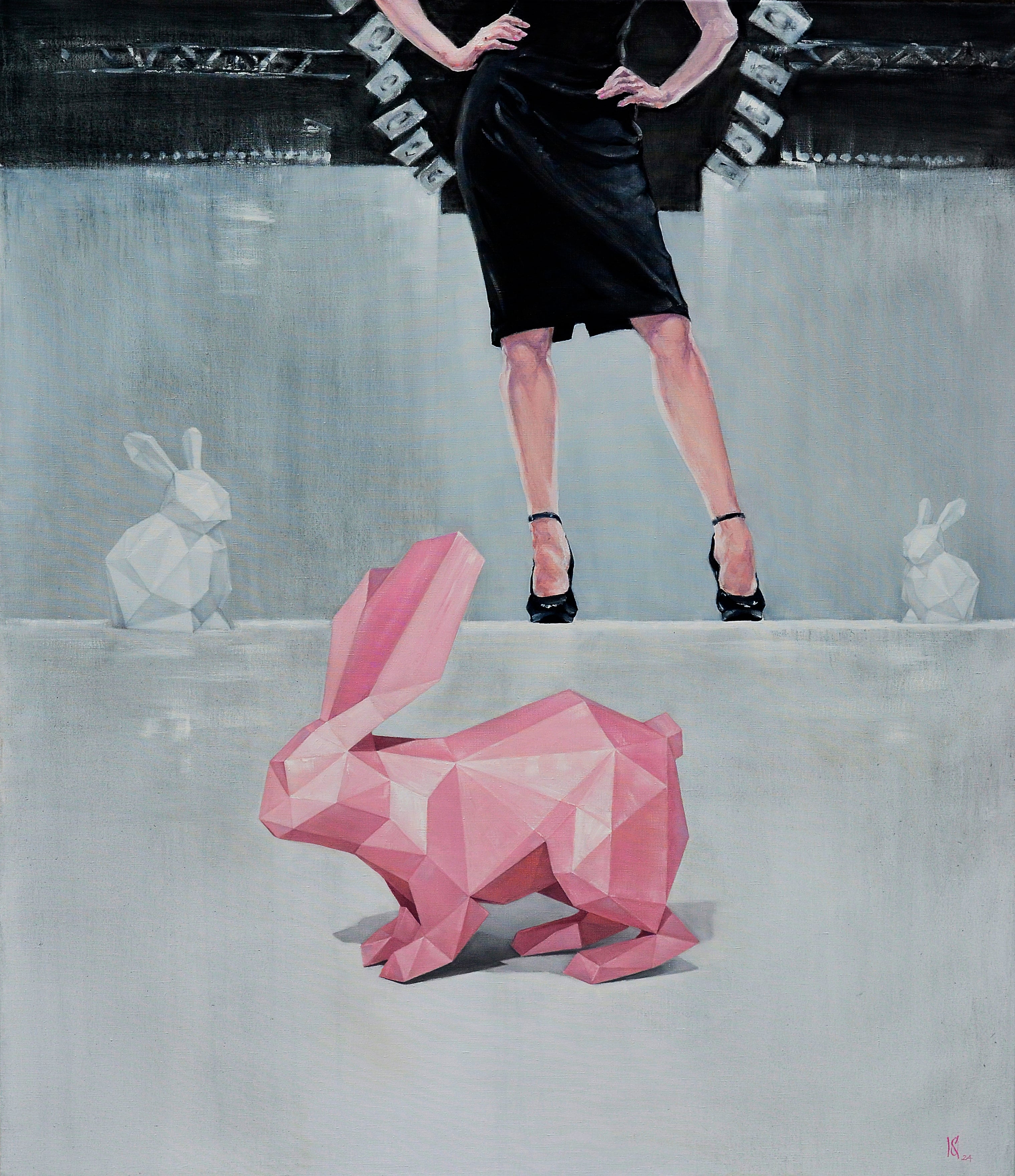 Woman in black dress standing next to a pink geometric rabbit sculpture on a gray surface.