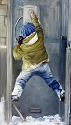 Person in winter clothing using a tool to open a door in a snowy setting