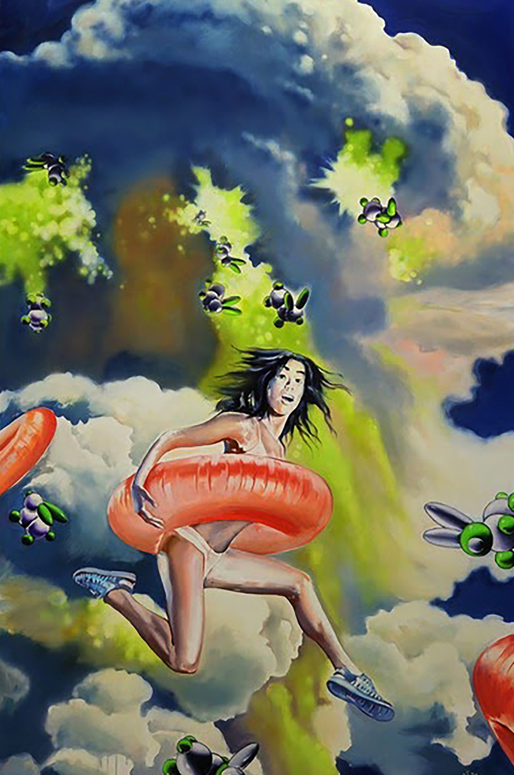 Woman on a cloud with a red inner tube surrounded by green alien-like creatures in a surreal setting.