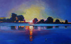 Painting of a sunset over a lake with trees and a reflection.