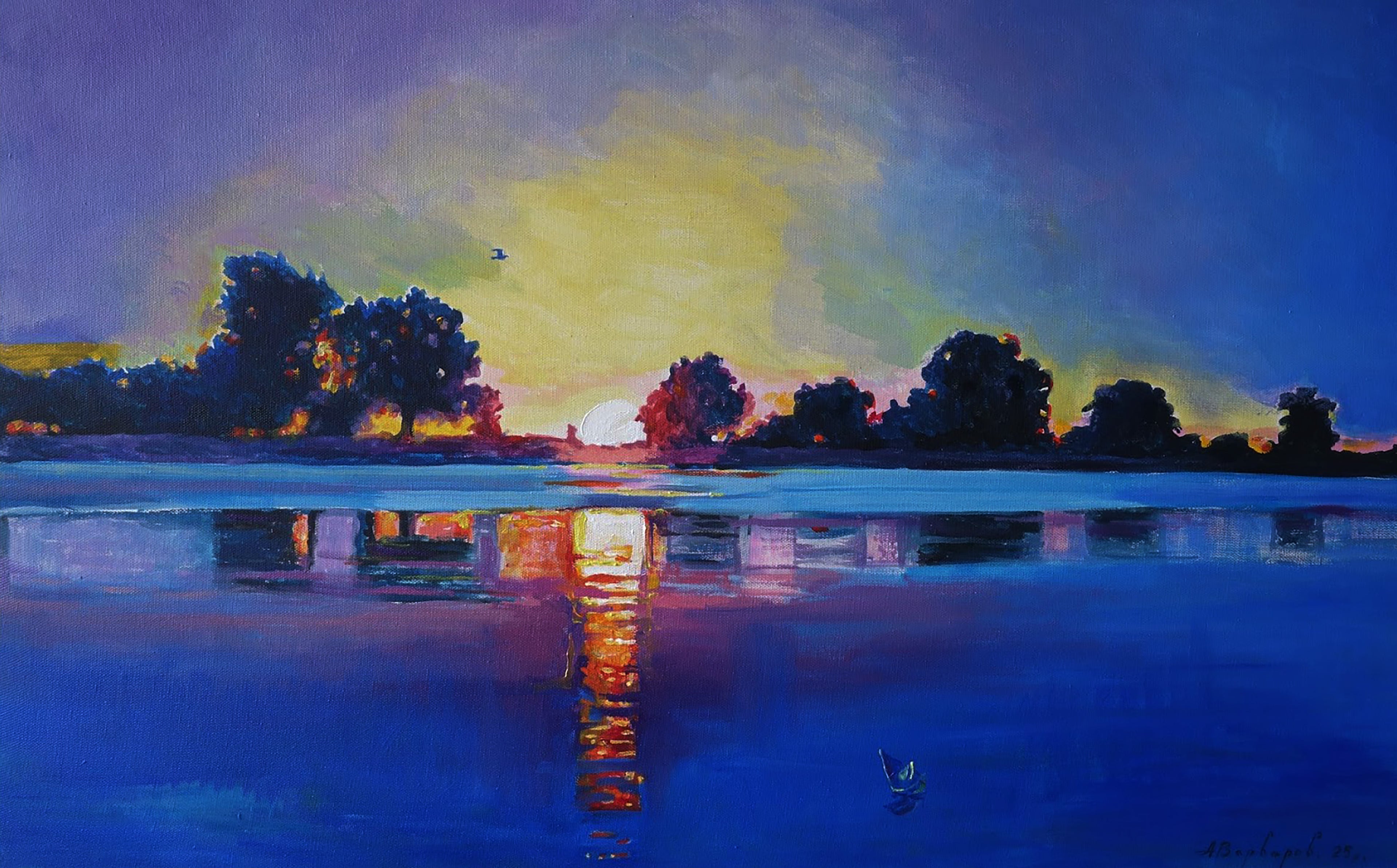 Painting of a sunset over a lake with trees and a reflection.