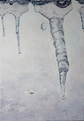 Icicles hanging from a roof with a light gray background