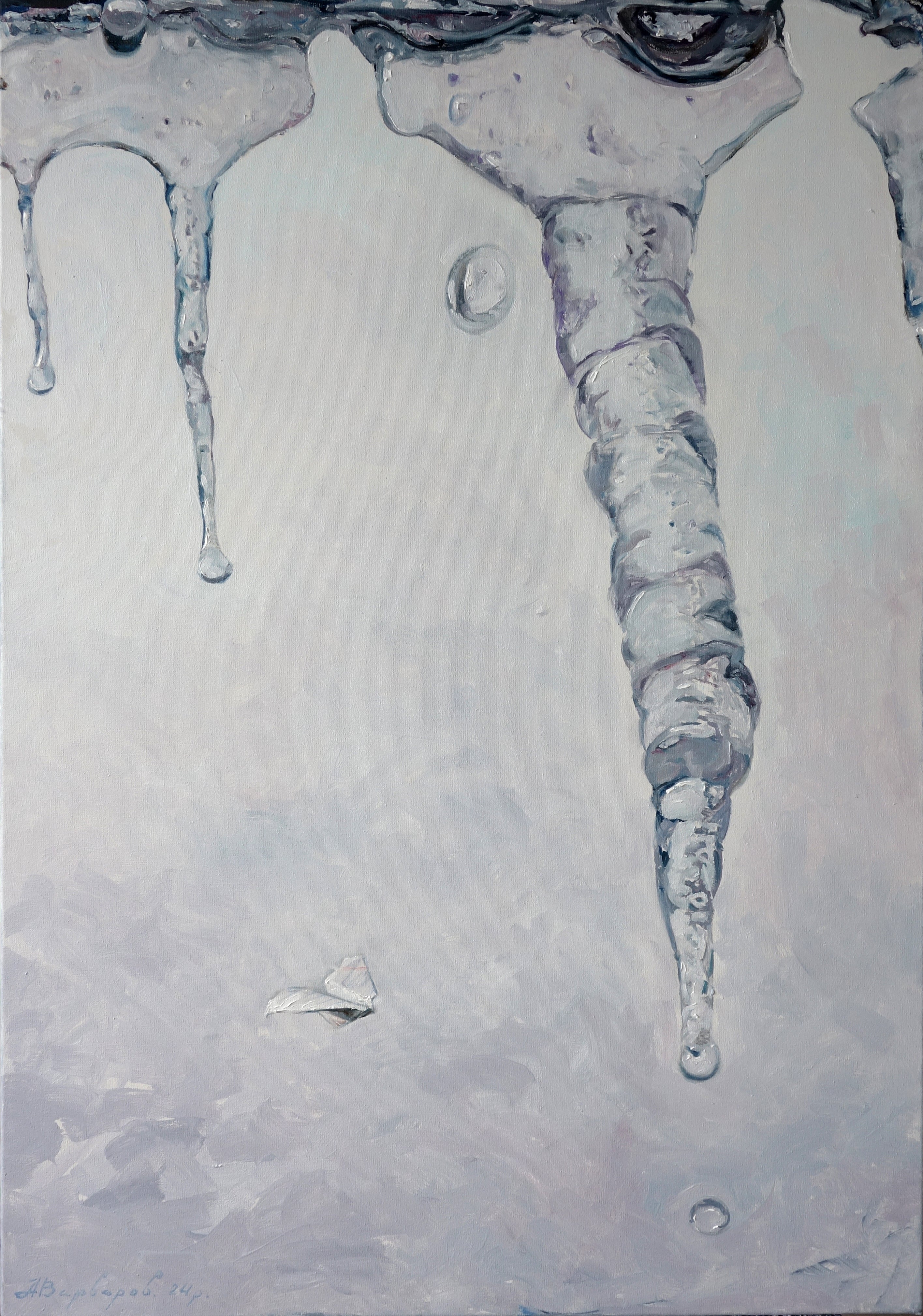 Icicles hanging from a roof with a light gray background