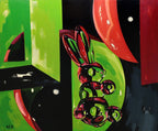 Abstract artwork with a stylized rabbit figure on a green and red background