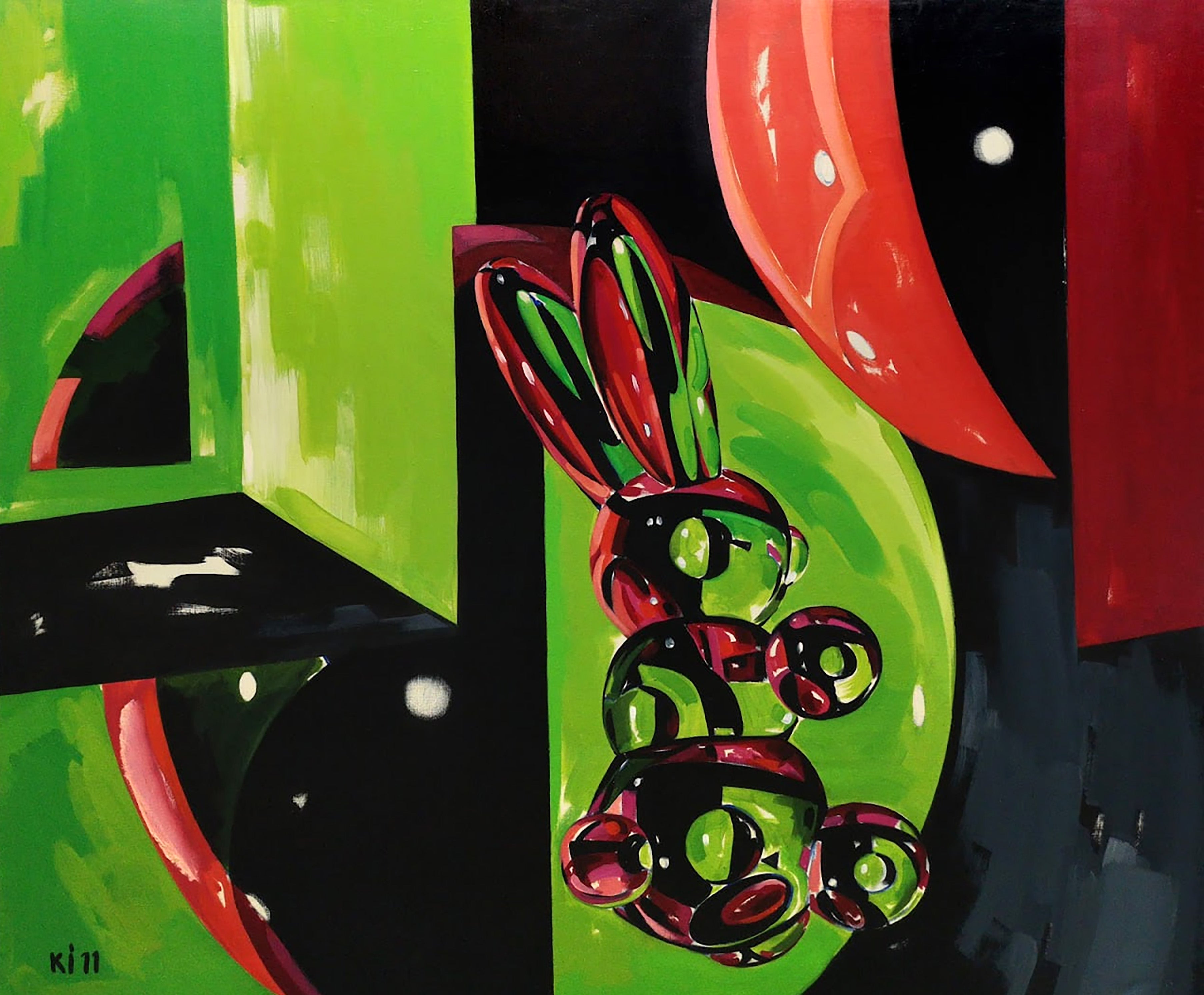 Abstract artwork with a stylized rabbit figure on a green and red background