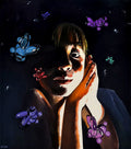 Artistic depiction of a person with butterflies around them on a dark background