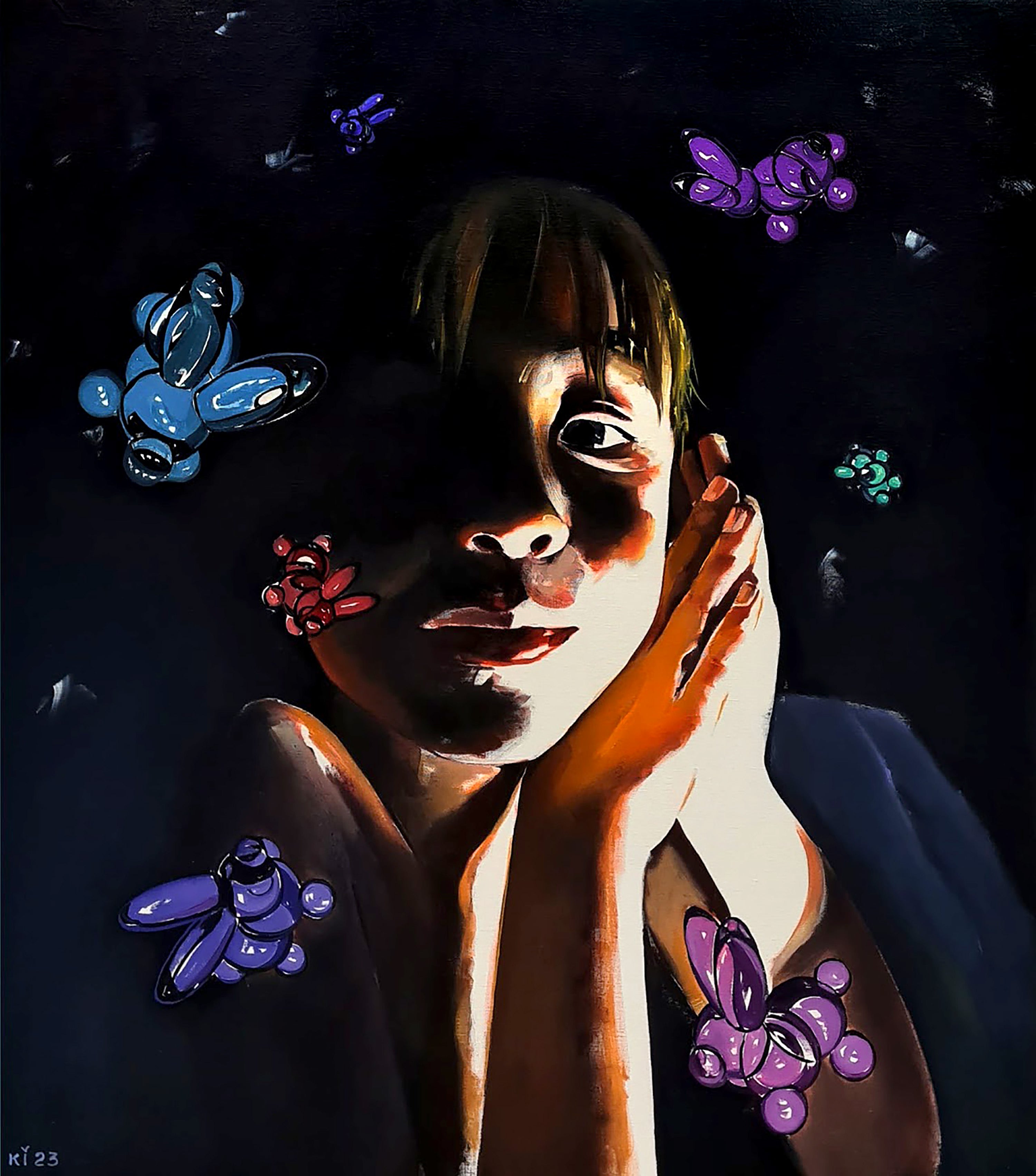 Artistic depiction of a person with butterflies around them on a dark background