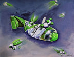 Artistic depiction of a green candy wrapper with small green candies on a dark background