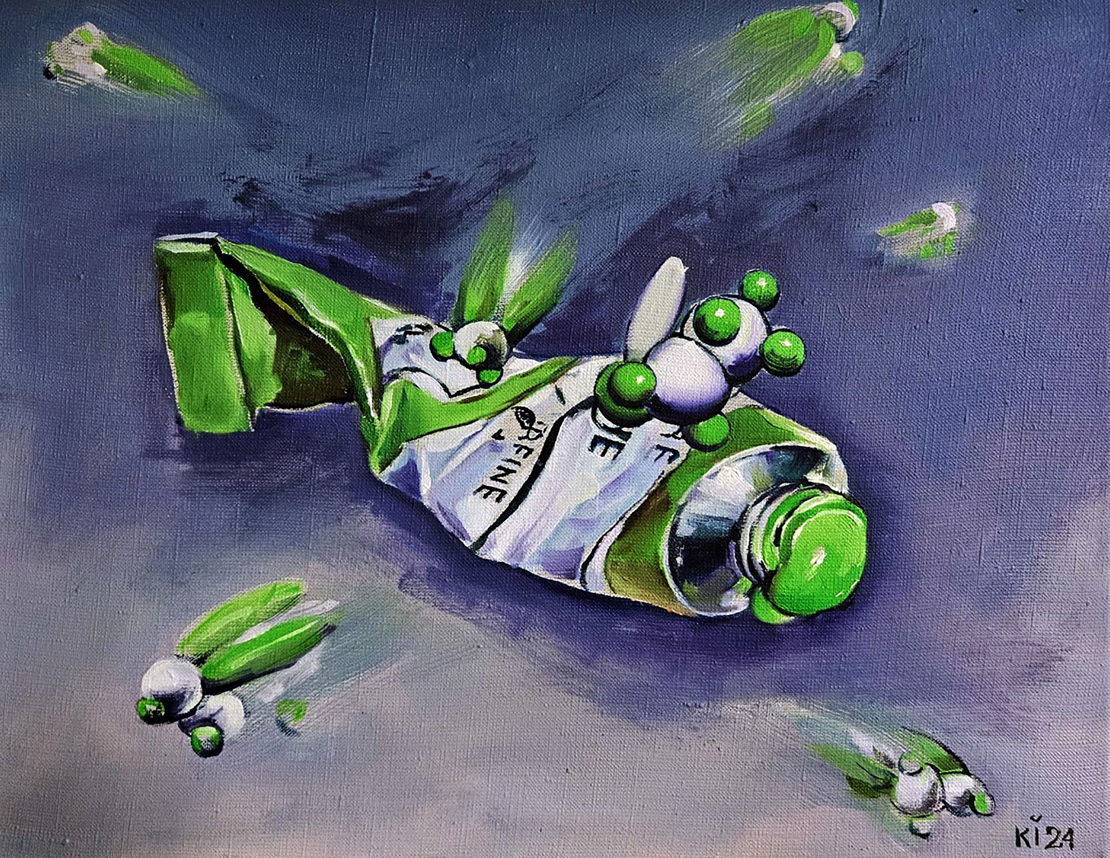 Artistic depiction of a green candy wrapper with small green candies on a dark background