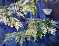 Artistic depiction of leaves against a blue background
