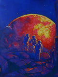 Artistic depiction of three figures under a large, colorful moon on a blue background