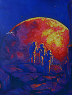 Artistic depiction of three figures under a large, colorful moon on a blue background