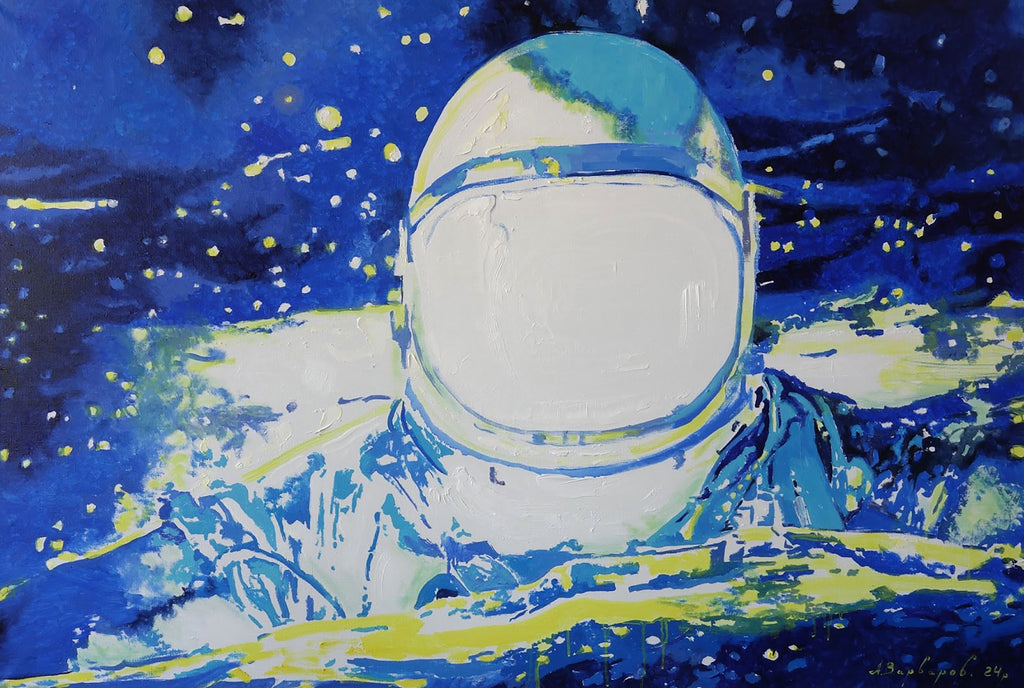 Artistic depiction of an astronaut in a space suit against a starry space background