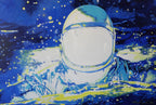 Artistic depiction of an astronaut in a space suit against a starry space background