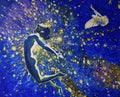 Artistic depiction of a person reaching towards a celestial body with another figure in the background, set against a starry night sky.