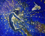 Artistic depiction of a person reaching towards a celestial body with another figure in the background, set against a starry night sky.