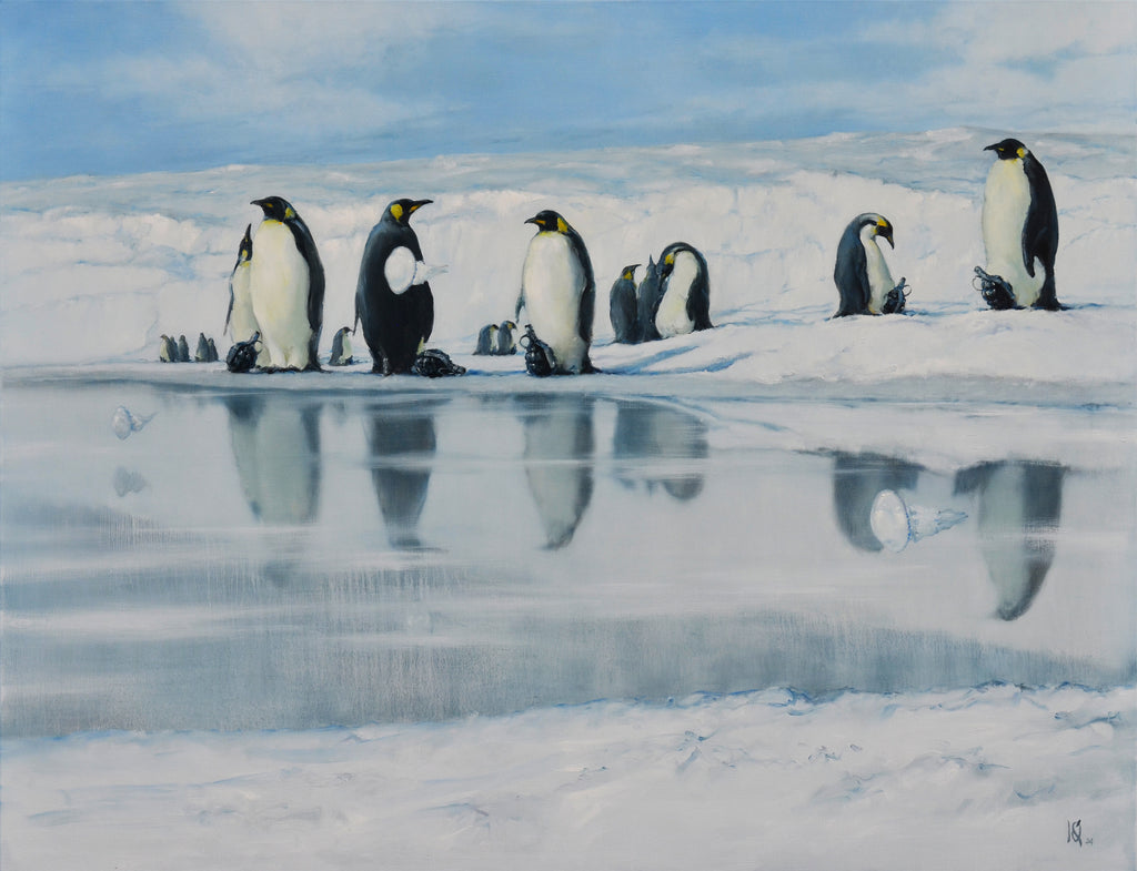 Group of penguins on a snowy landscape with a small pool of water.