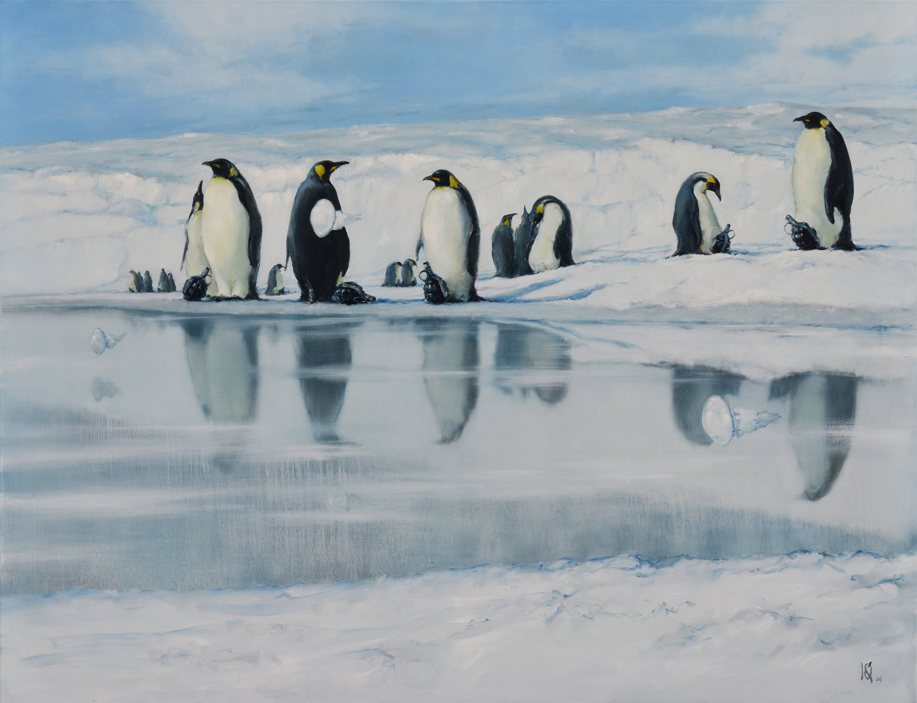 Group of penguins on a snowy landscape with a small pool of water.