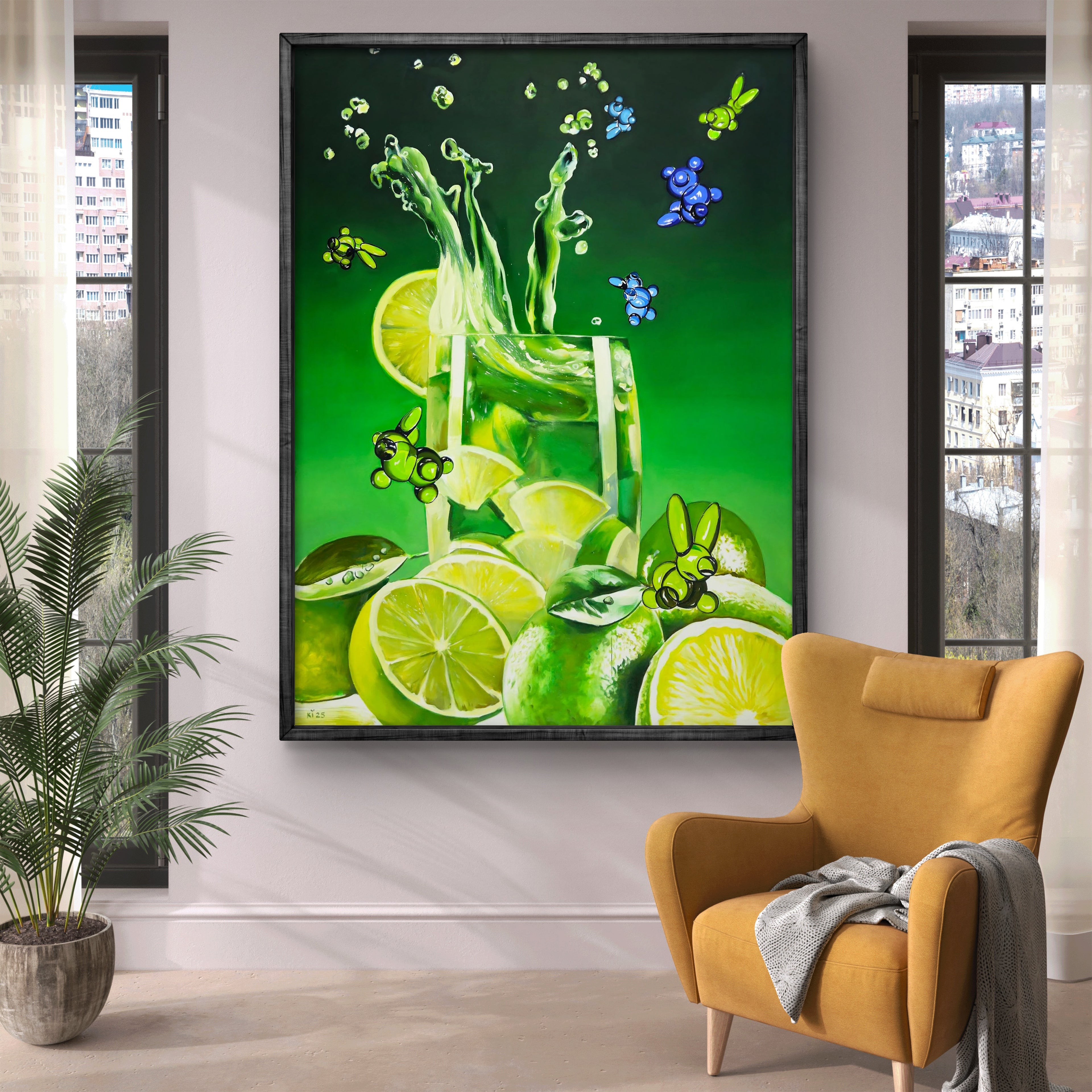 Framed artwork of a green drink with lime slices on a wall above a yellow armchair.