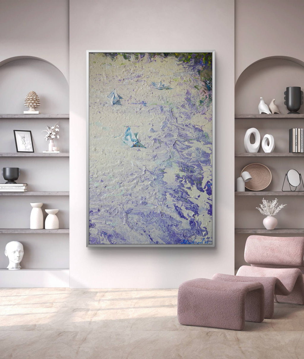 Abstract painting in a modern living room with shelves and a chair.