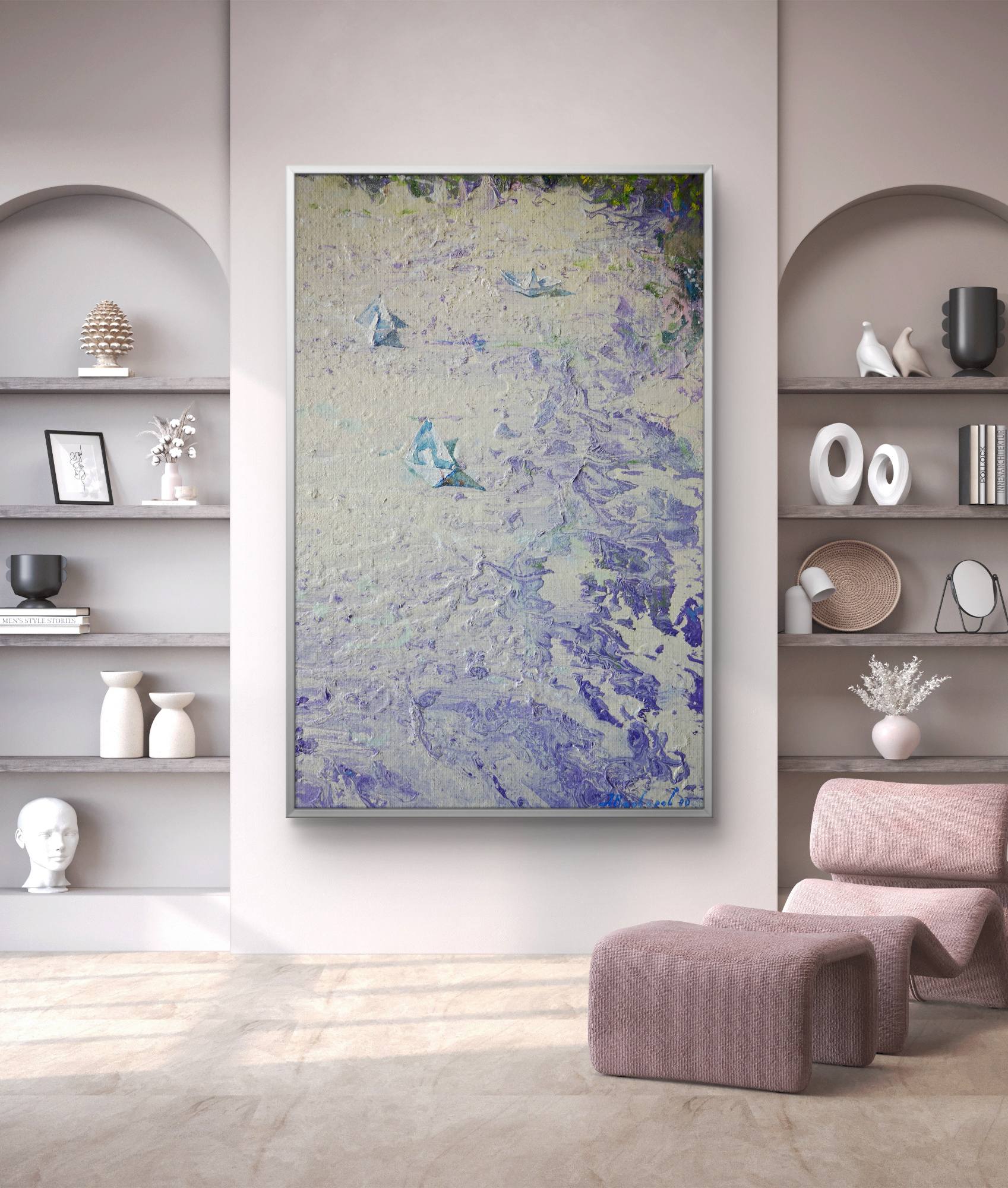 Abstract painting in a modern living room with shelves and a chair.