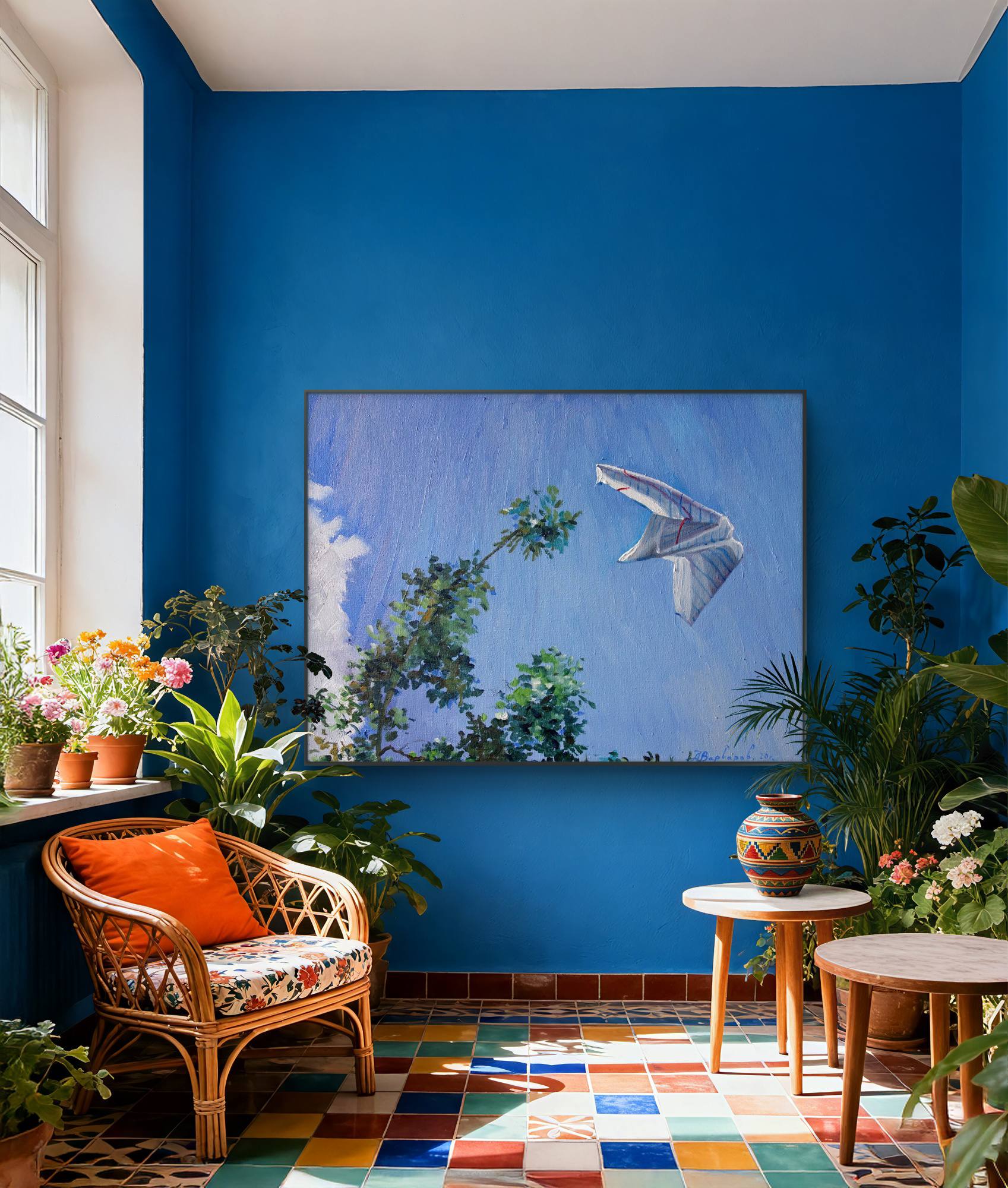 Living room with blue walls, colorful floor, and decorative plants.