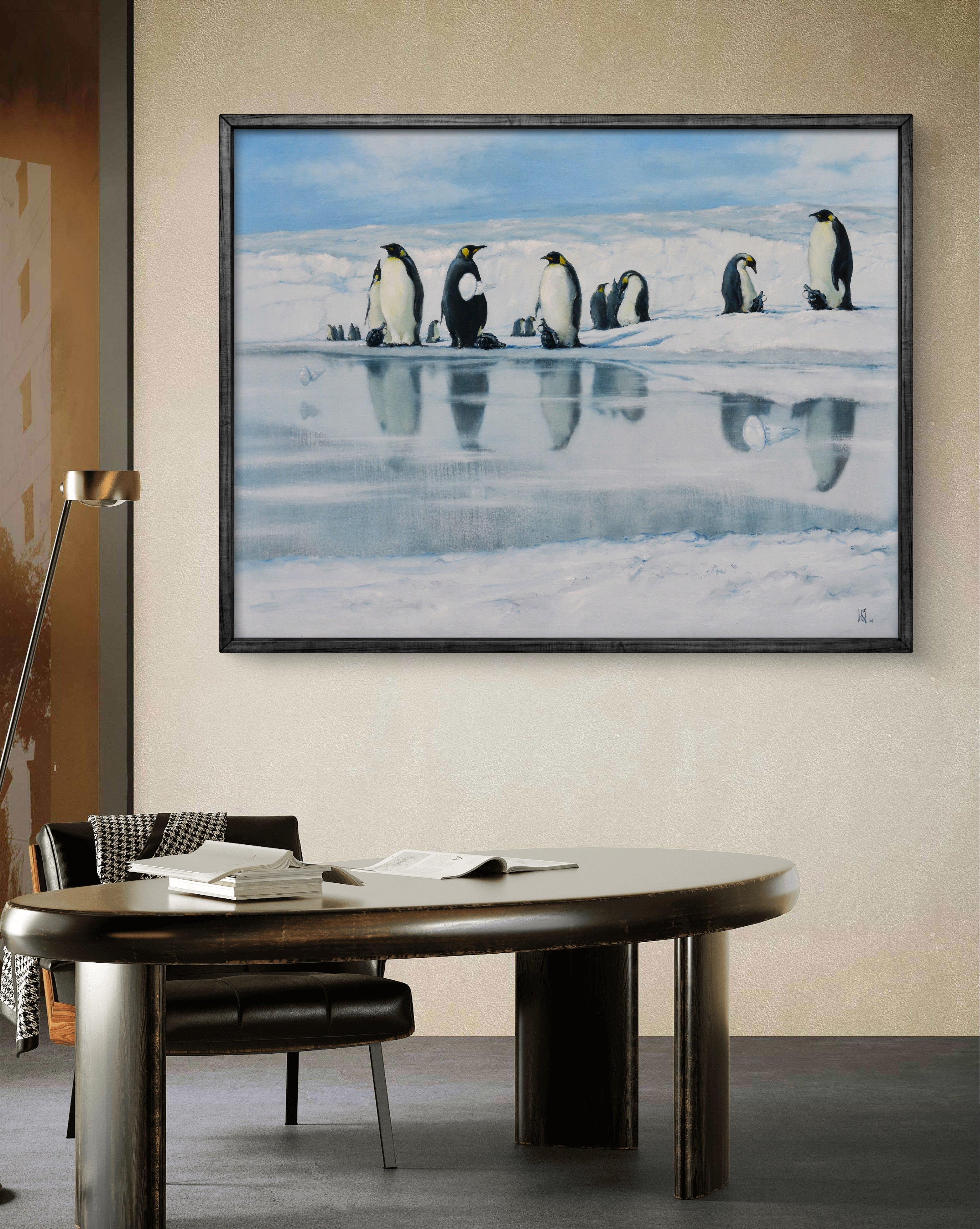 Framed artwork of penguins on ice in a room with a table and chairs.