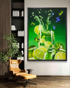 Framed artwork of a green drink with lime slices in a modern interior setting.